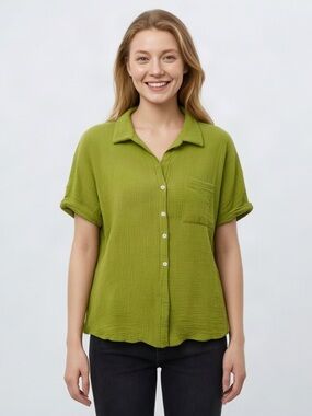 Women's Lightweight Lime Green Button-Down Shirt with Chest Pocket